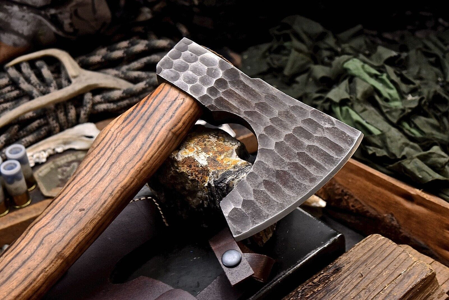 Hand Forged 1095 Bearded Viking Axe 15 Inch Camping Hatchet with Wood Handle and Leather Sheath
