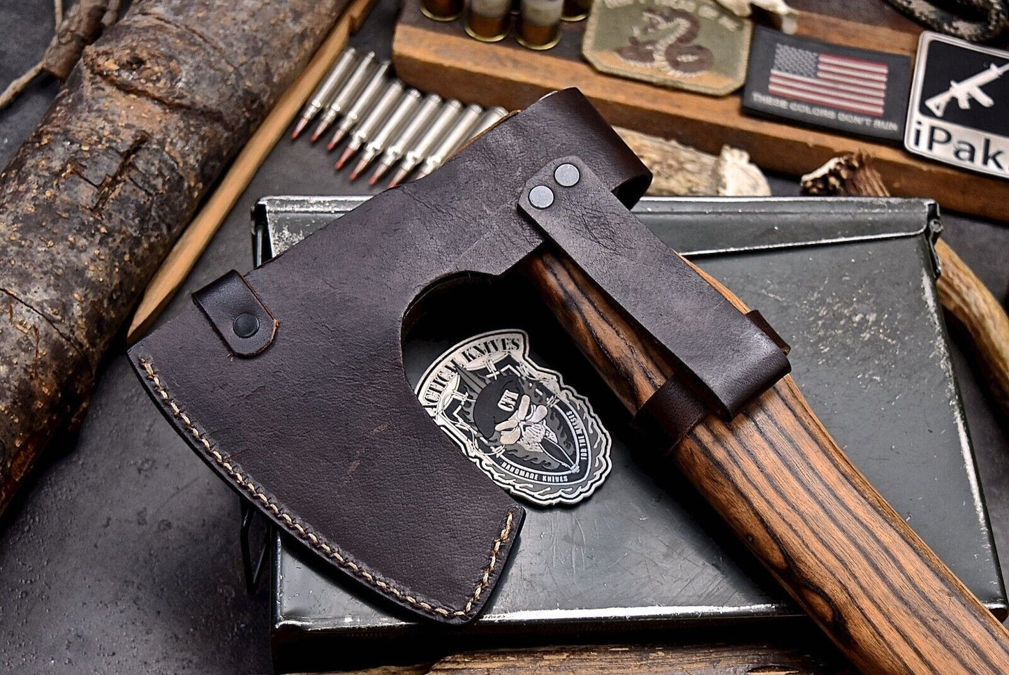 Hand Forged 1095 Bearded Viking Axe 15 Inch Camping Hatchet with Wood Handle and Leather Sheath