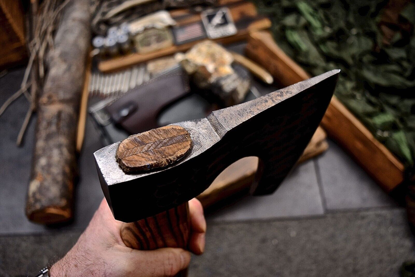 Hand Forged 1095 Bearded Viking Axe 15 Inch Camping Hatchet with Wood Handle and Leather Sheath