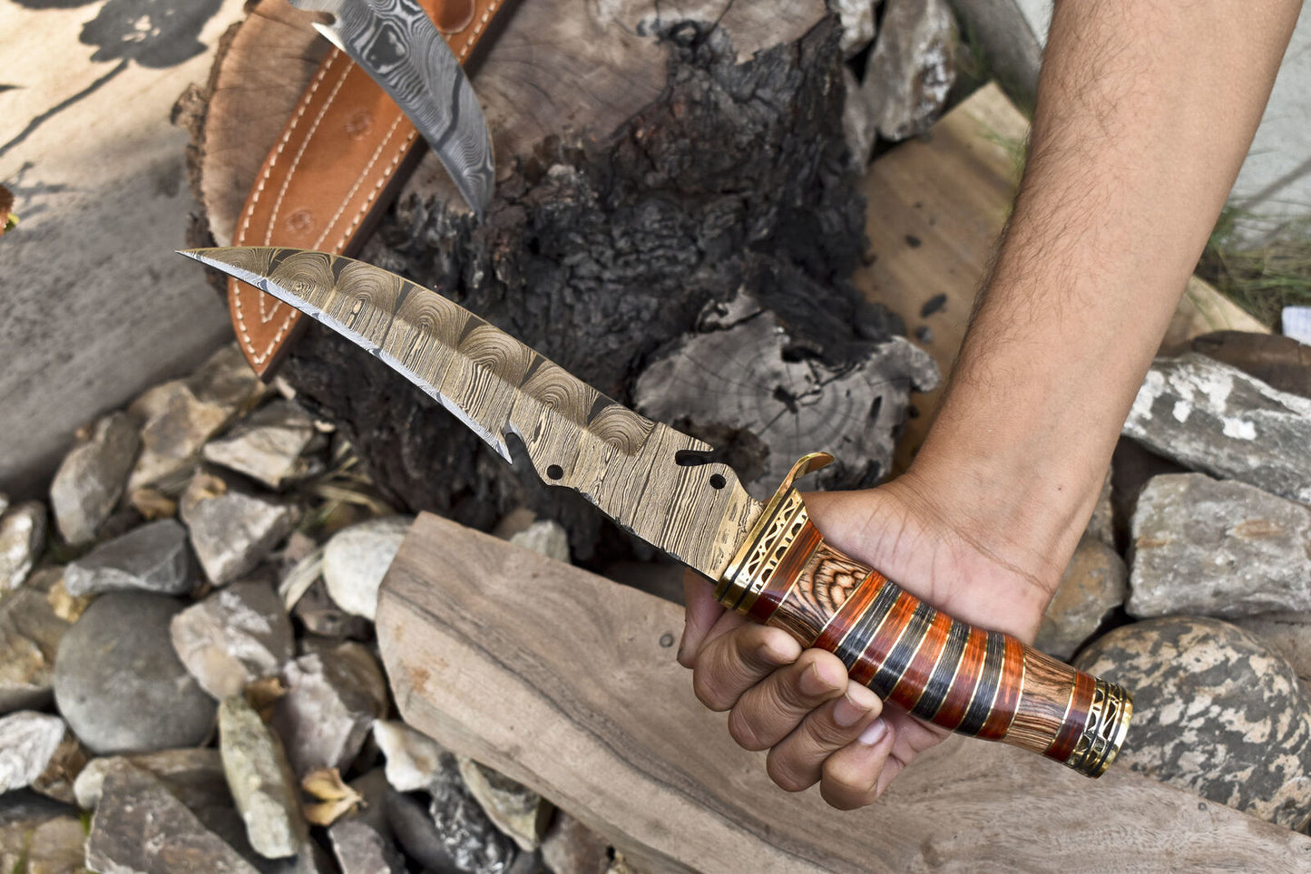 Heritage Forge 13 Inch Damascus Bowie Knife with Hardwood Handle and Brass Guard