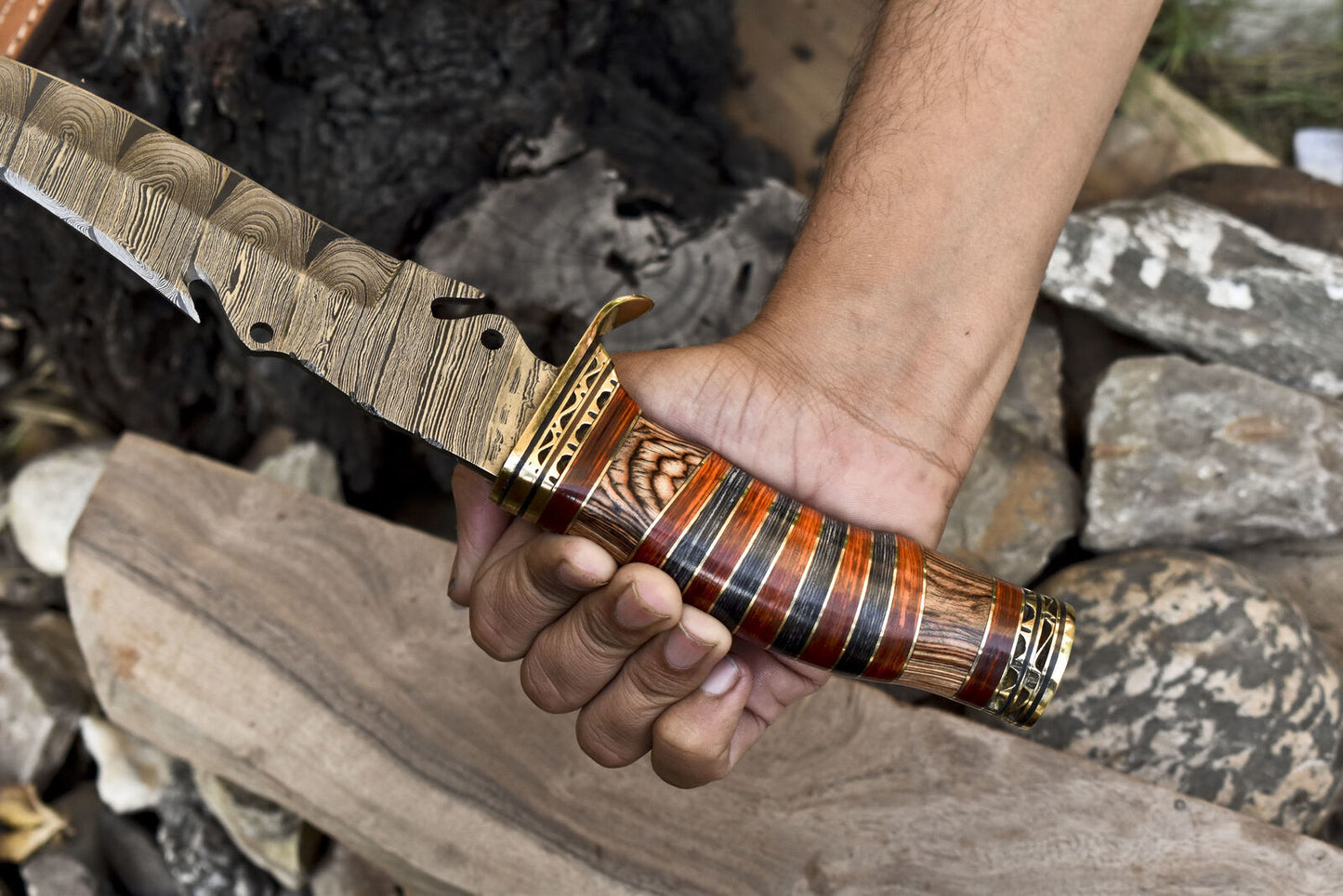 Heritage Forge 13 Inch Damascus Bowie Knife with Hardwood Handle and Brass Guard