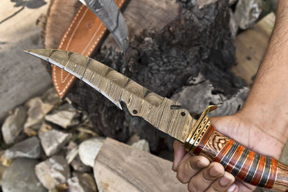 Heritage Forge 13 Inch Damascus Bowie Knife with Hardwood Handle and Brass Guard