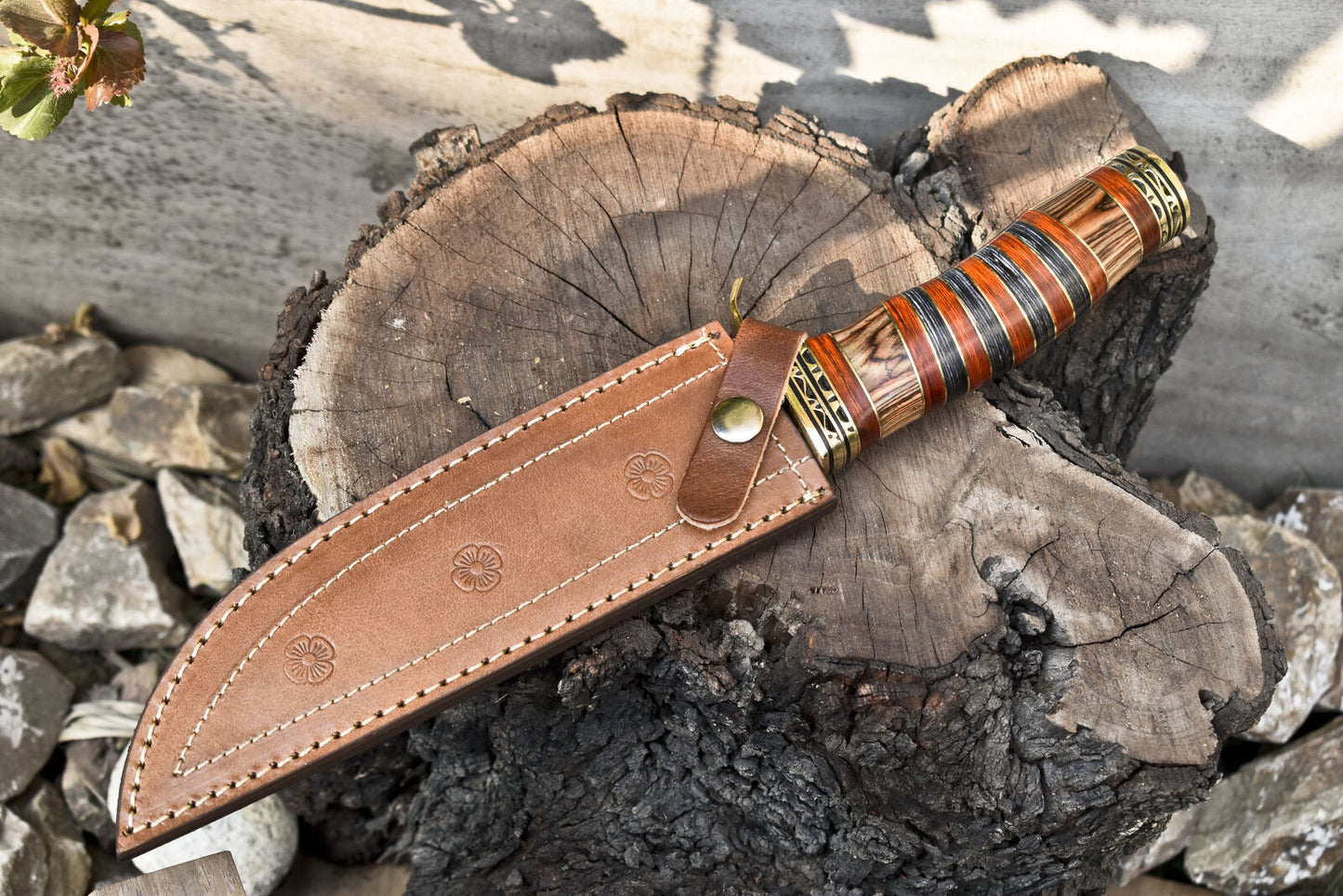 Heritage Forge 13 Inch Damascus Bowie Knife with Hardwood Handle and Brass Guard