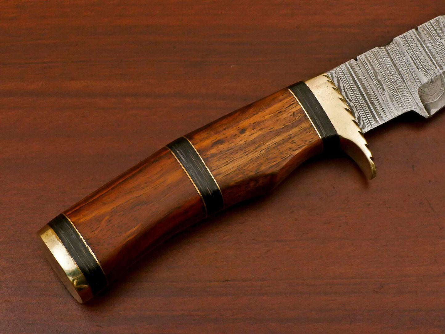 14" Handmade Damascus Bowie Hunting Knife – Rosewood & Pakka Wood Handle with Brass Guard