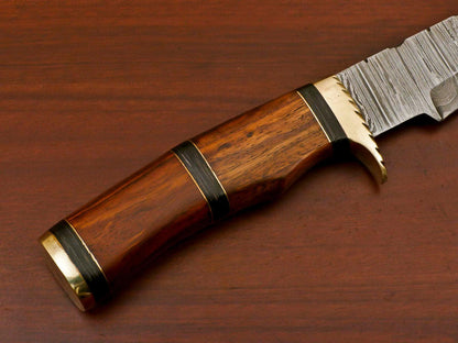 14" Handmade Damascus Bowie Hunting Knife – Rosewood & Pakka Wood Handle with Brass Guard