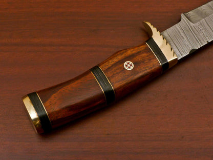 14" Handmade Damascus Bowie Hunting Knife – Rosewood & Pakka Wood Handle with Brass Guard