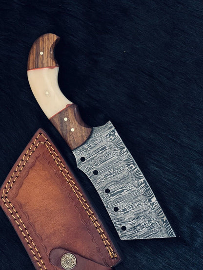 Heritage Forge 9.5 Inch Twist Damascus Cleaver Knife with Camel Bone and Wood Handle