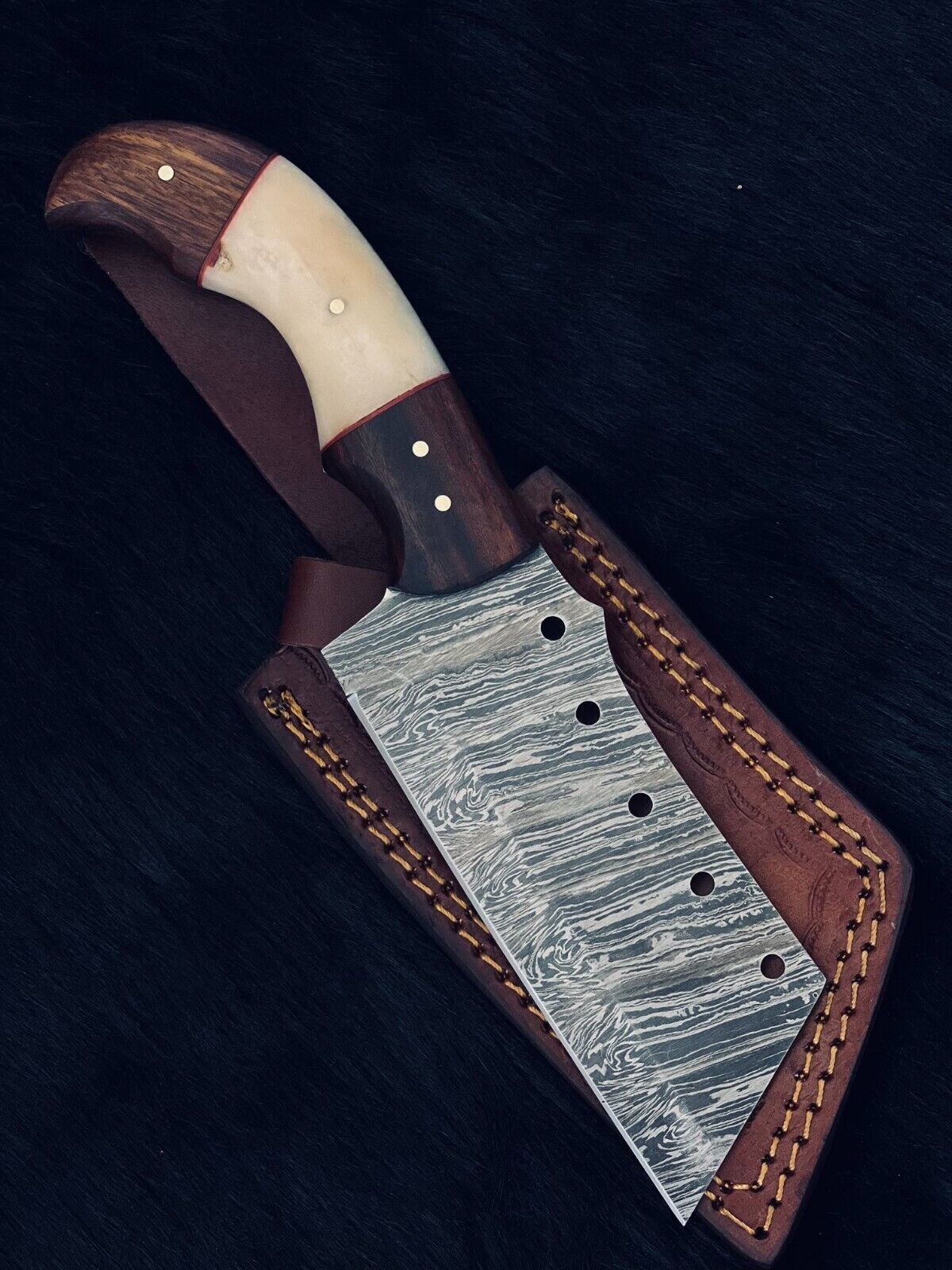 Heritage Forge 9.5 Inch Twist Damascus Cleaver Knife with Camel Bone and Wood Handle