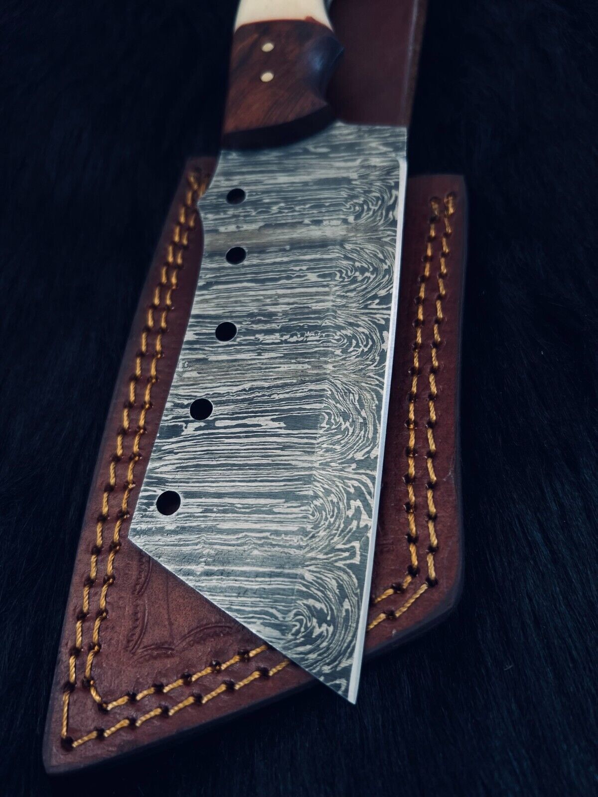 Heritage Forge 9.5 Inch Twist Damascus Cleaver Knife with Camel Bone and Wood Handle