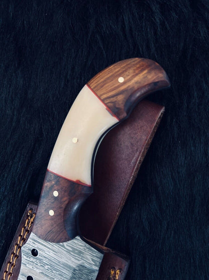 Heritage Forge 9.5 Inch Twist Damascus Cleaver Knife with Camel Bone and Wood Handle