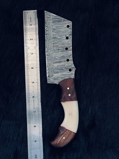 Heritage Forge 9.5 Inch Twist Damascus Cleaver Knife with Camel Bone and Wood Handle