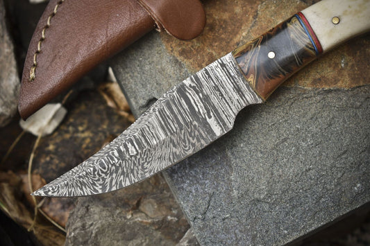 Hot Item Twist Damascus Skinner Knife with Bone Handle and Micarta Bolster for Hiking