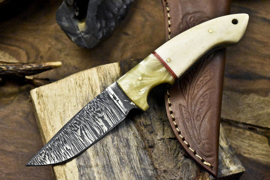 Twist Damascus Skinner Knife with Bone Handle and Micarta Bolster – Tactical Handmade Hunting Knife