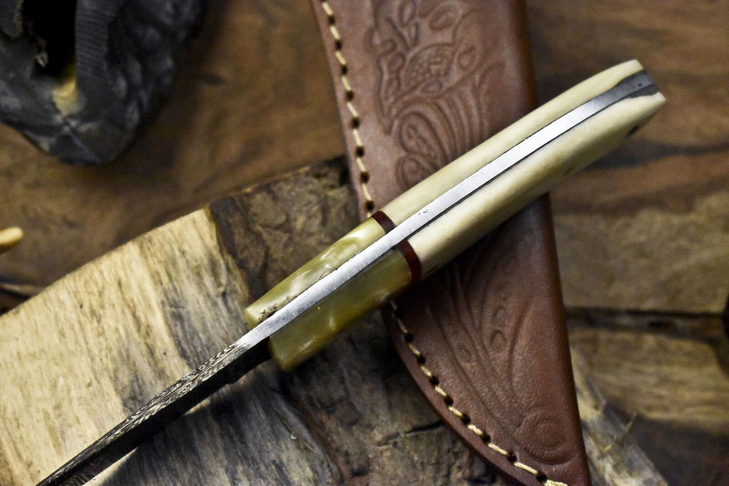 Twist Damascus Skinner Knife with Bone Handle and Micarta Bolster – Tactical Handmade Hunting Knife