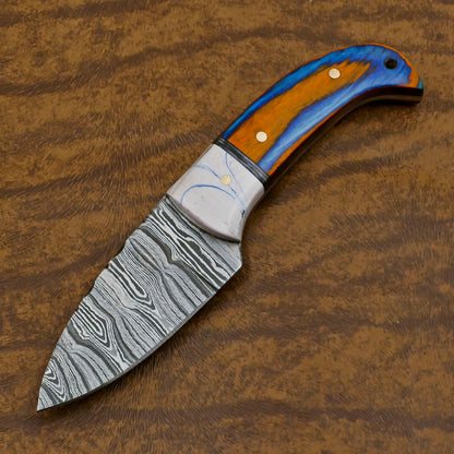Custom Handmade Damascus EDC Skinner Knife with Resin Wood Handle – Compact Fixed Blade for Hunting