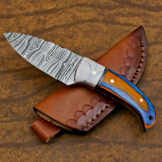 Custom Handmade Damascus EDC Skinner Knife with Resin Wood Handle – Compact Fixed Blade for Hunting