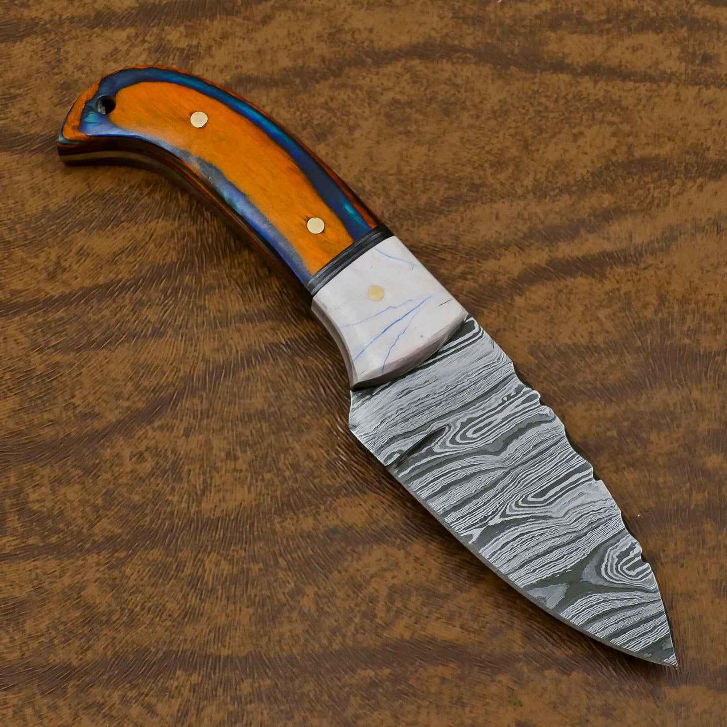 Custom Handmade Damascus EDC Skinner Knife with Resin Wood Handle – Compact Fixed Blade for Hunting