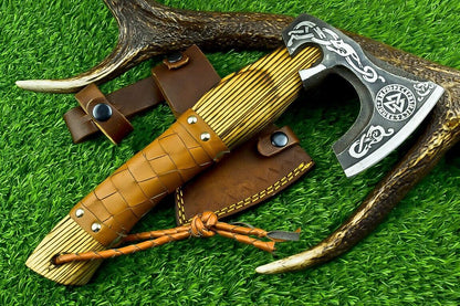 Hand Forged 13 Inch Viking Steel Axe with Ash Wood Leather Wrapped Handle and Sheath