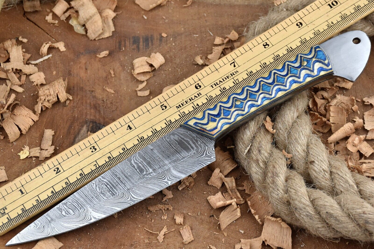 Custom Handmade Forged Damascus Steel Kitchen Chef Knife – Blue & White Dollar Handle