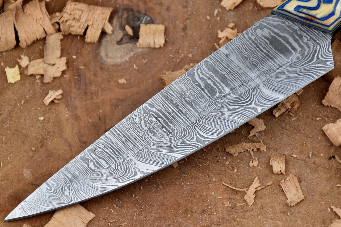 Custom Handmade Forged Damascus Steel Kitchen Chef Knife – Blue & White Dollar Handle