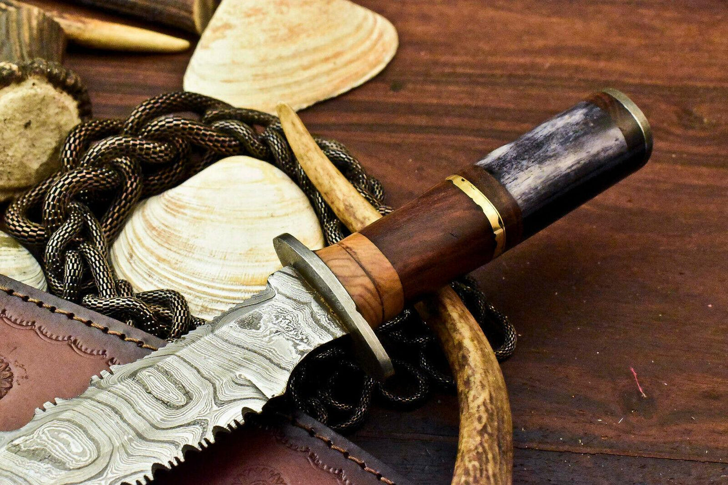 14" Handmade Damascus Bowie Knife – Walnut Wood Handle & Leather Sheath