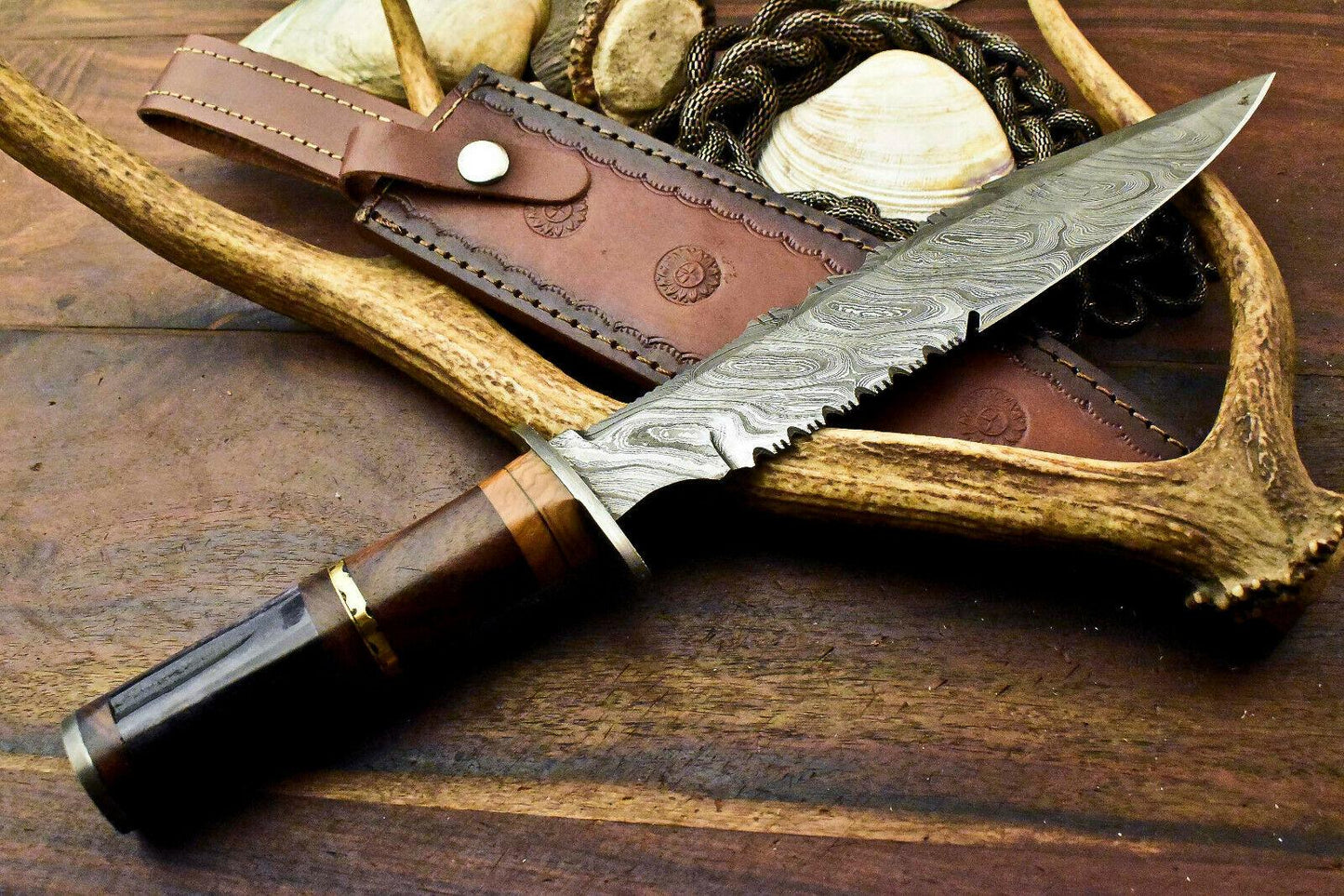 14" Handmade Damascus Bowie Knife – Walnut Wood Handle & Leather Sheath