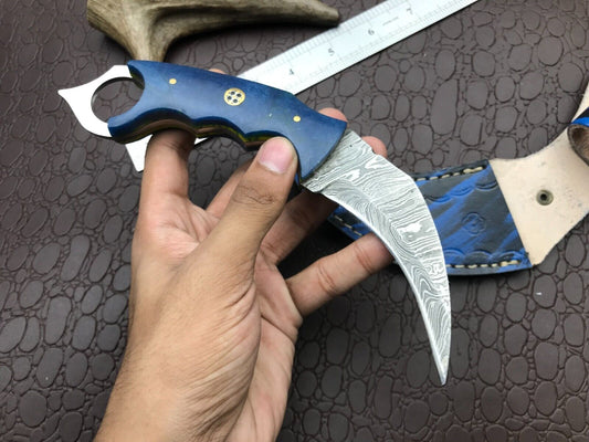 8" Handmade Best Damascus Karambit Custom Damascus Steel Karambit Knife with Resin Handle