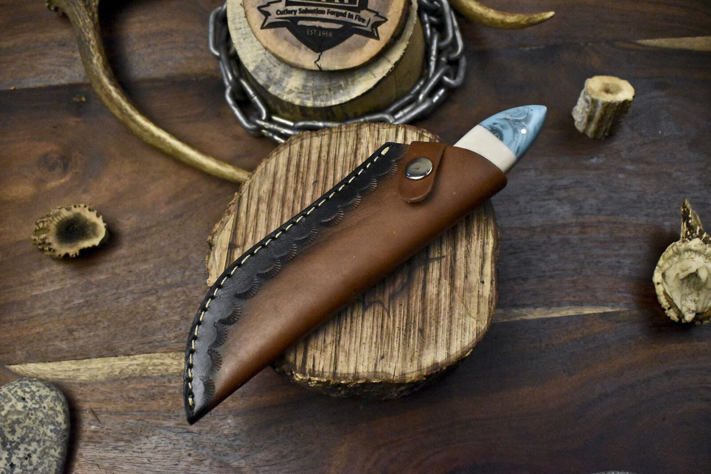9" Twist Damascus Skinner Knife Corian Handle Micarta Bolster EDC Rare