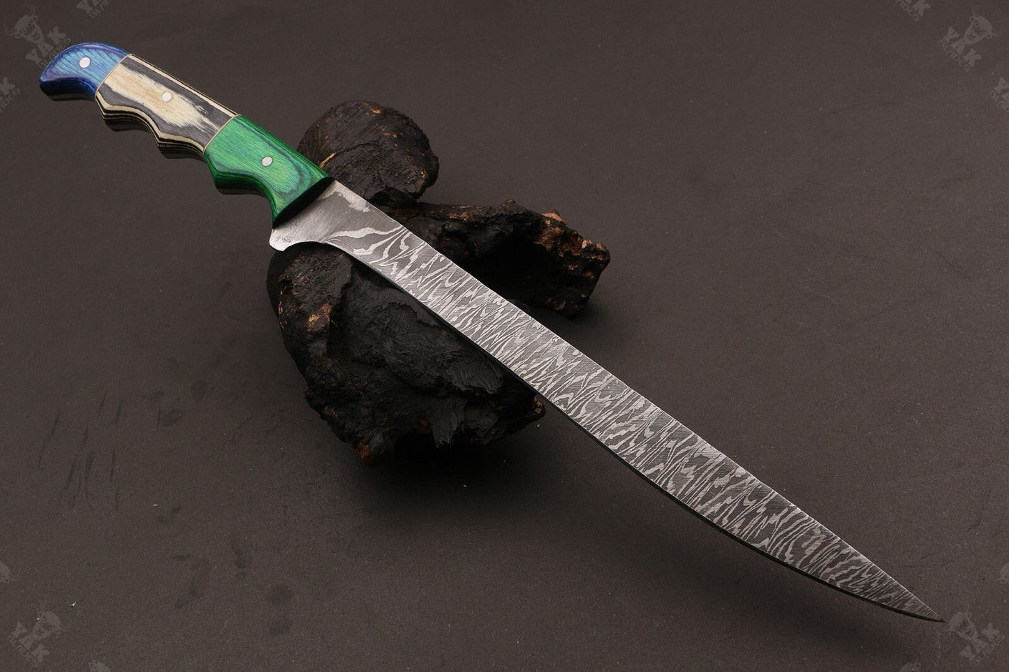 13" Custom Handmade Fire Damascus Steel Fillet Knife Damascus Fillet Knife W/Sheath