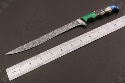 13" Custom Handmade Fire Damascus Steel Fillet Knife Damascus Fillet Knife W/Sheath