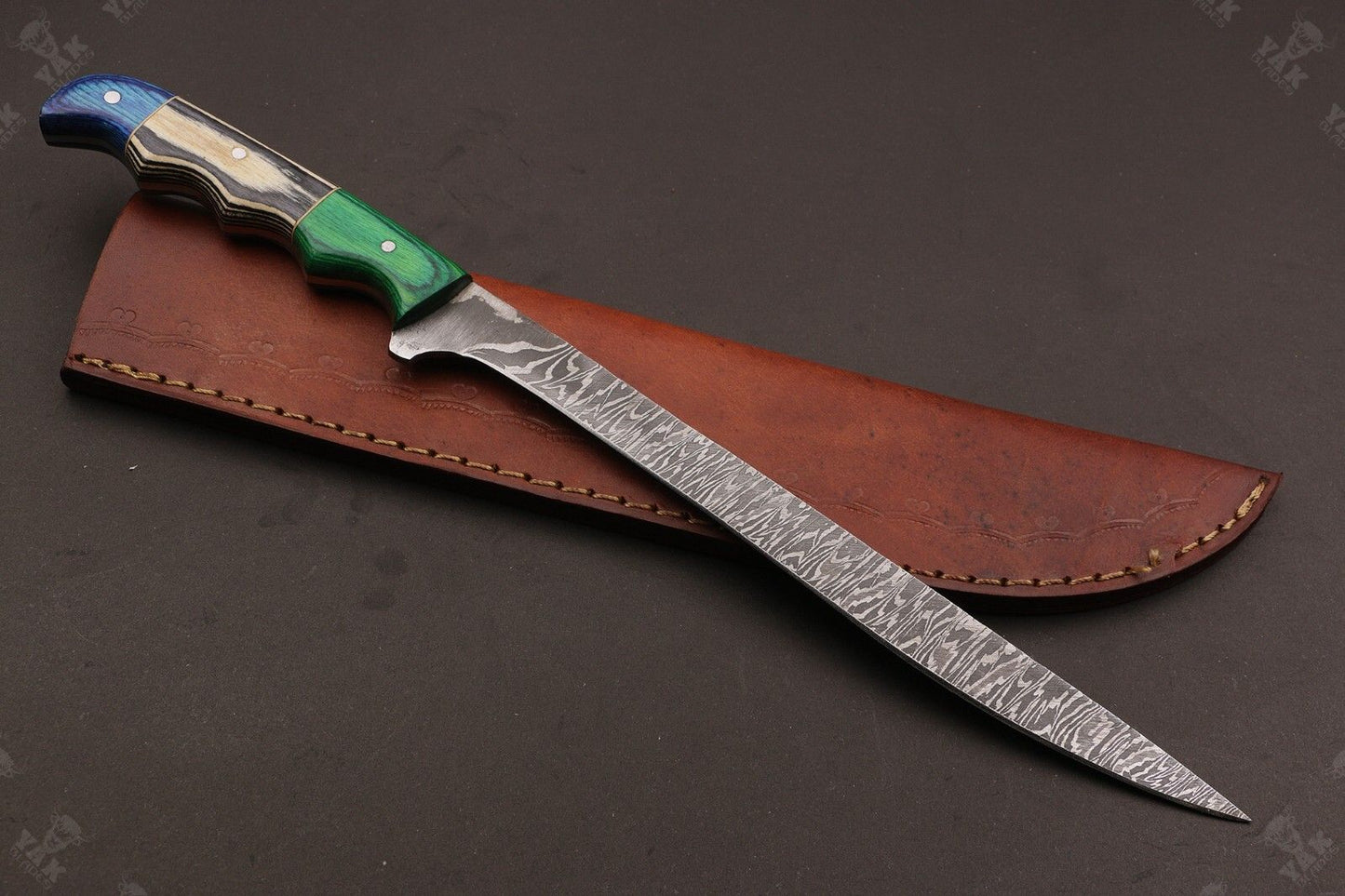 13" Custom Handmade Fire Damascus Steel Fillet Knife Damascus Fillet Knife W/Sheath