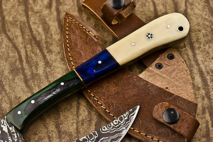 Handmade Damascus Steel Camel Bone Clever Chopper Axe Knife with Leather Sheath
