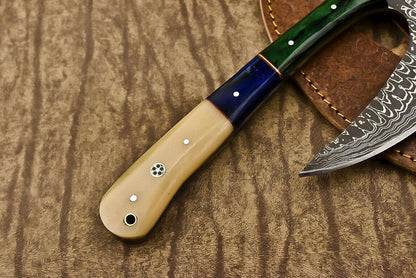 Handmade Damascus Steel Camel Bone Clever Chopper Axe Knife with Leather Sheath