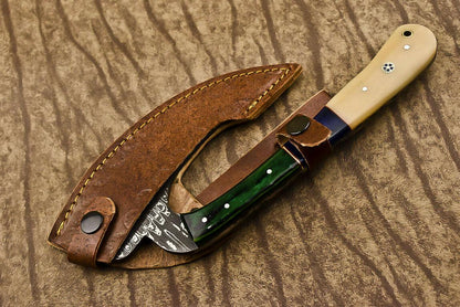 Handmade Damascus Steel Camel Bone Clever Chopper Axe Knife with Leather Sheath