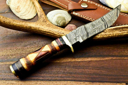 10" Handmade Damascus Bowie Knife – Camel Bone Handle & Leather Sheath