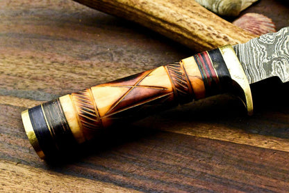 10" Handmade Damascus Bowie Knife – Camel Bone Handle & Leather Sheath
