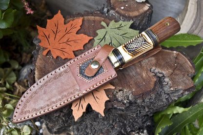 Twist Damascus Bowie Knife with Camel Bone and Wood Handle for Survival and Hunting
