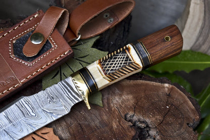 Twist Damascus Bowie Knife with Camel Bone and Wood Handle for Survival and Hunting
