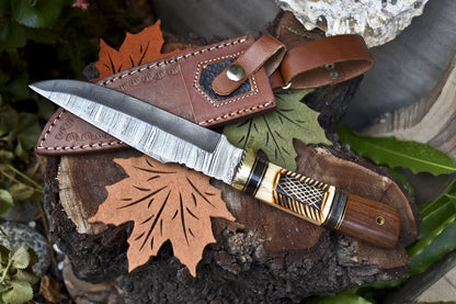 Twist Damascus Bowie Knife with Camel Bone and Wood Handle for Survival and Hunting