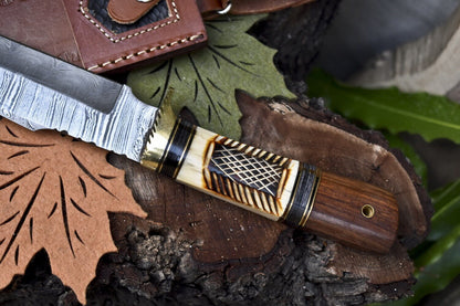Twist Damascus Bowie Knife with Camel Bone and Wood Handle for Survival and Hunting