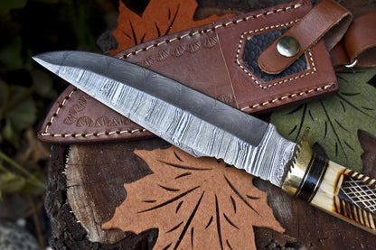 Twist Damascus Bowie Knife with Camel Bone and Wood Handle for Survival and Hunting