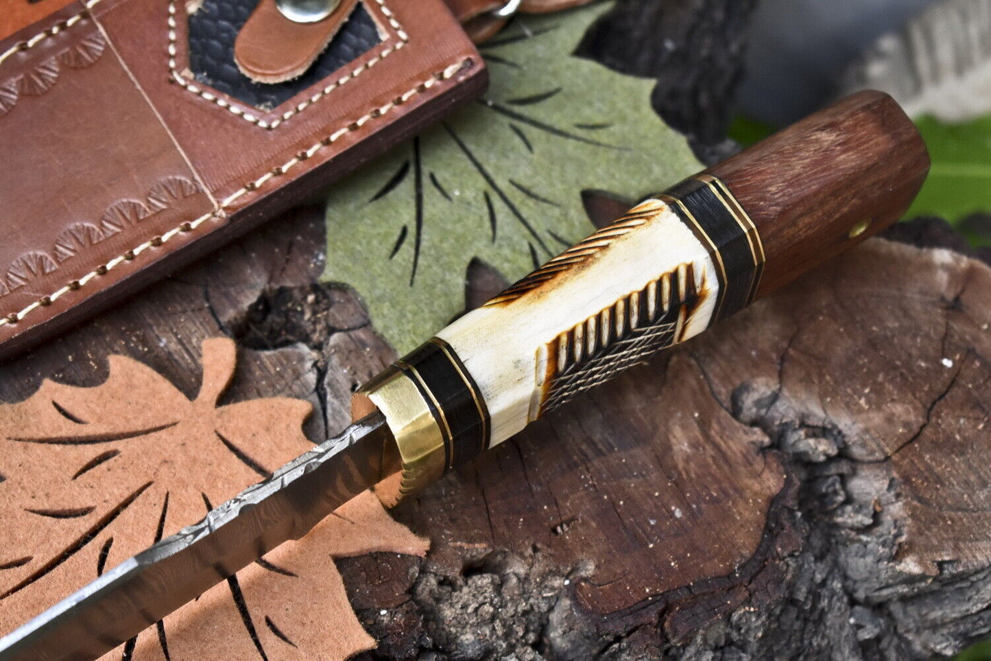 Twist Damascus Bowie Knife with Camel Bone and Wood Handle for Survival and Hunting