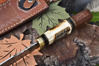 Twist Damascus Bowie Knife with Camel Bone and Wood Handle for Survival and Hunting