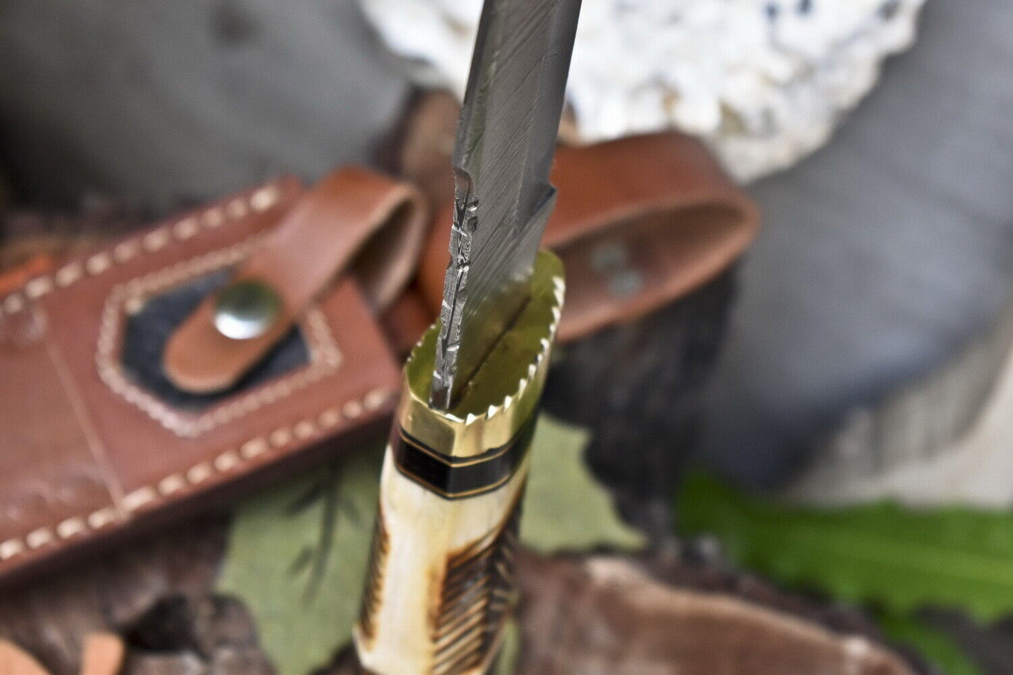 Twist Damascus Bowie Knife with Camel Bone and Wood Handle for Survival and Hunting