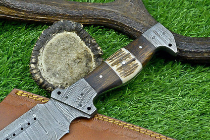 Heritage Forge 16 Inch Damascus Steel Bowie Knife with Natural Wood and Stag Horn Handle