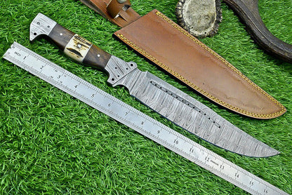 Heritage Forge 16 Inch Damascus Steel Bowie Knife with Natural Wood and Stag Horn Handle