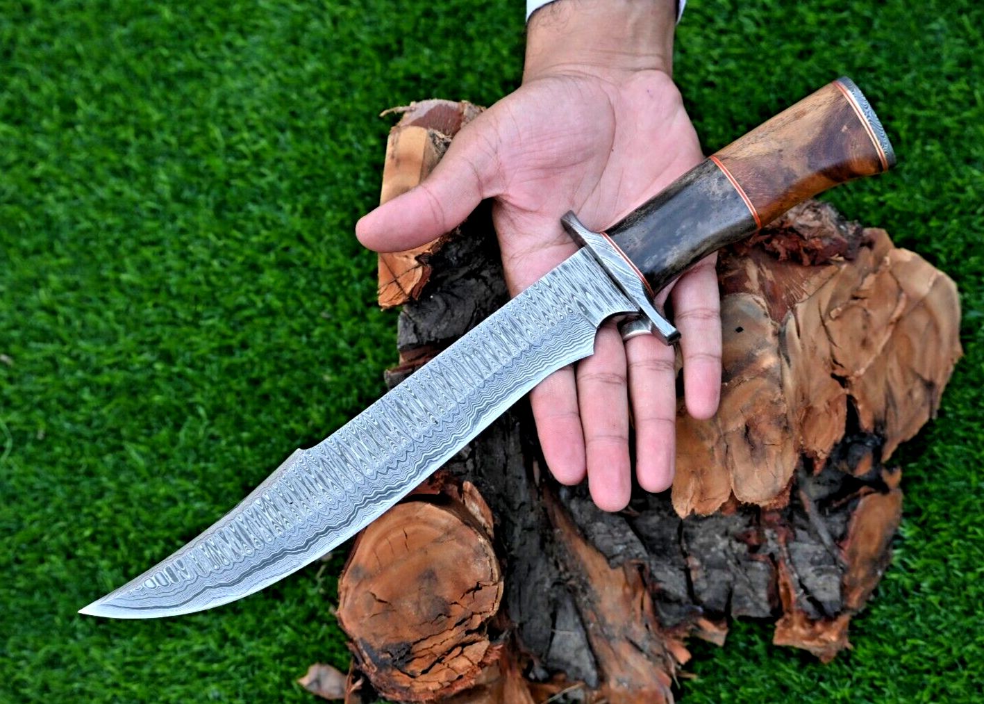 Custom Handmade Damascus Bowie Hunting Knife – 15" Survival Tracker with Wood & Camel Bone Handle
