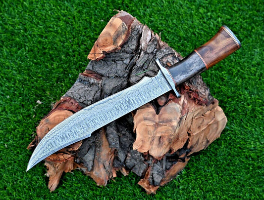 Custom Handmade Damascus Bowie Hunting Knife – 15" Survival Tracker with Wood & Camel Bone Handle