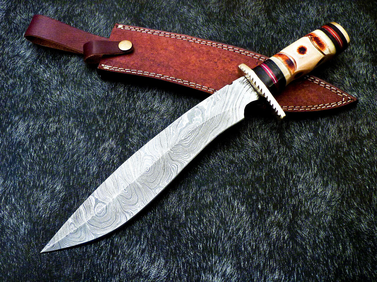 14.75" Hand Forged Damascus Steel Bowie – Engraved Camel Bone & Hardwood Handle with Brass Bolster