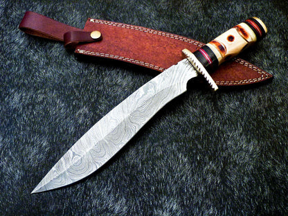 14.75" Hand Forged Damascus Steel Bowie – Engraved Camel Bone & Hardwood Handle with Brass Bolster